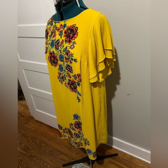 NWOT C.1946 Cato Yellow and Colorful Floral Flouncy Sleeve Knee Smock Dress - Picture 2 of 14